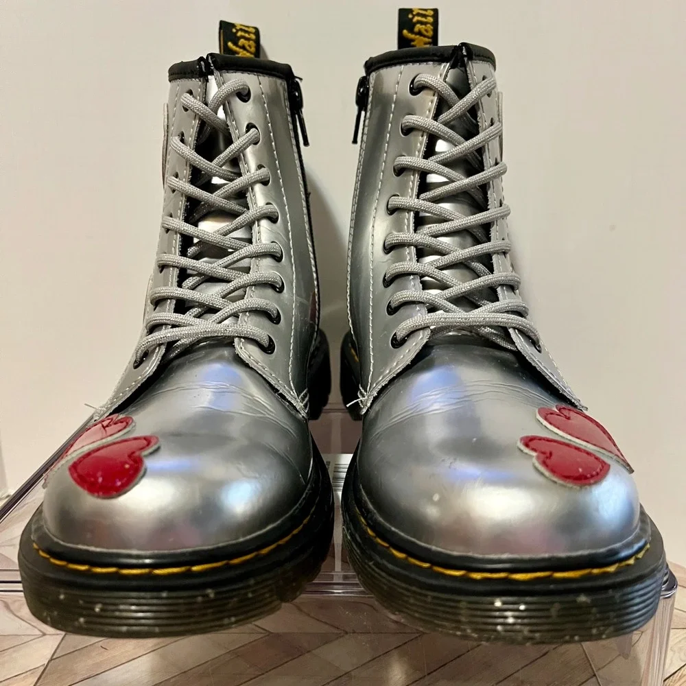 Dr Martens 1460 J Glitter Star Patent Lace Up Zip Boots Kids 3 Silver Red Hearts